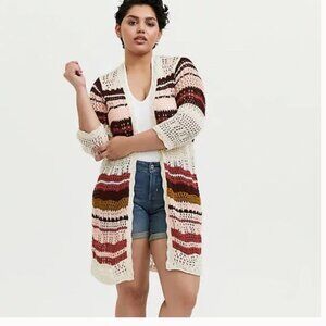 Torrid Cardigan Multi Stripes Crochet Knit Long Open, Cotton Size 2X